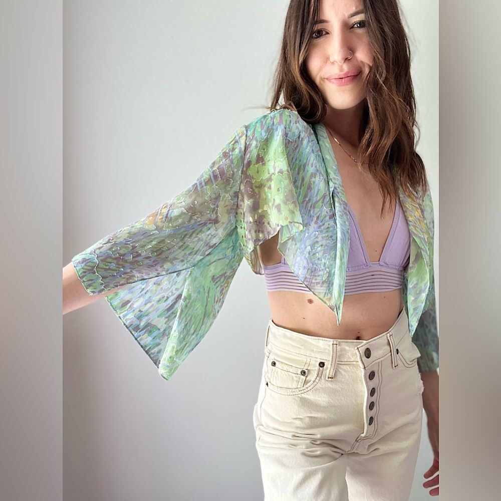 Vintage 90s Alex Evenings Petites Open Front Draped Multicolor Marbled Cardigan